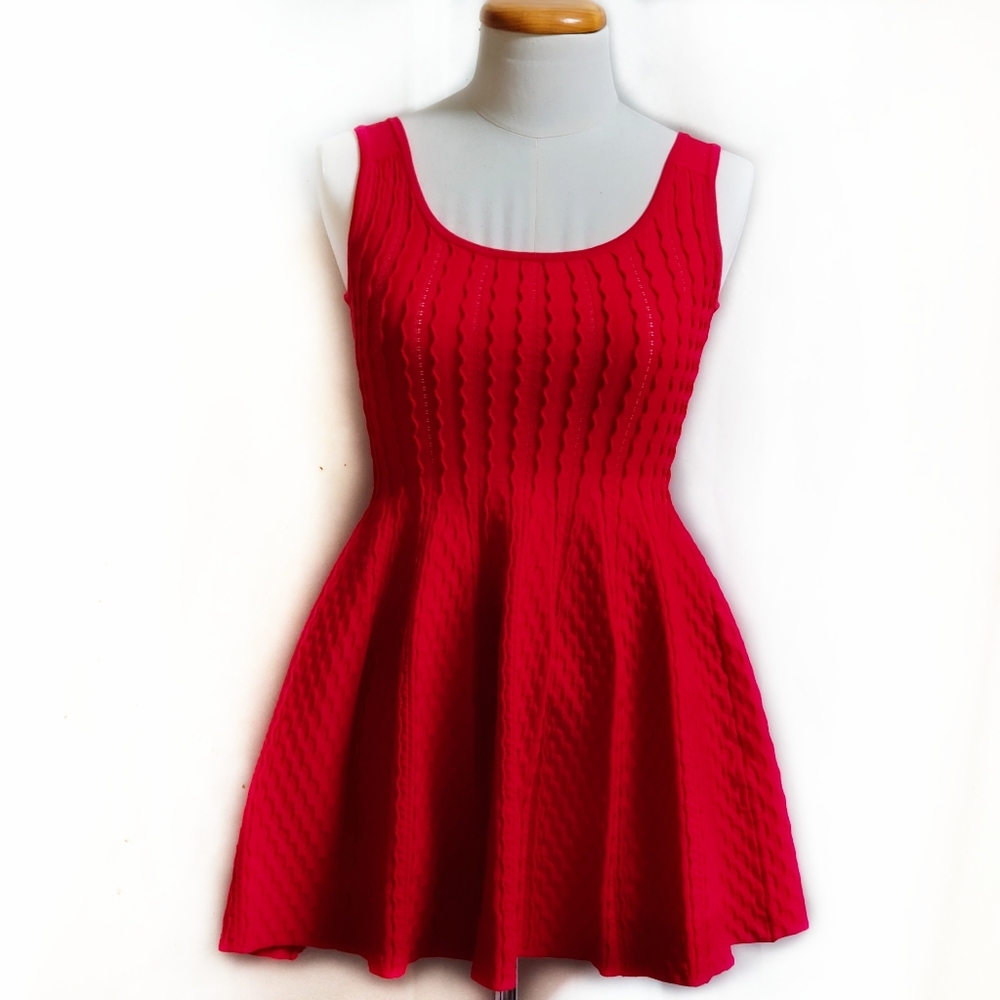 BEBE red cocktail a-line dress used once for a shoot. Lettuce stitching